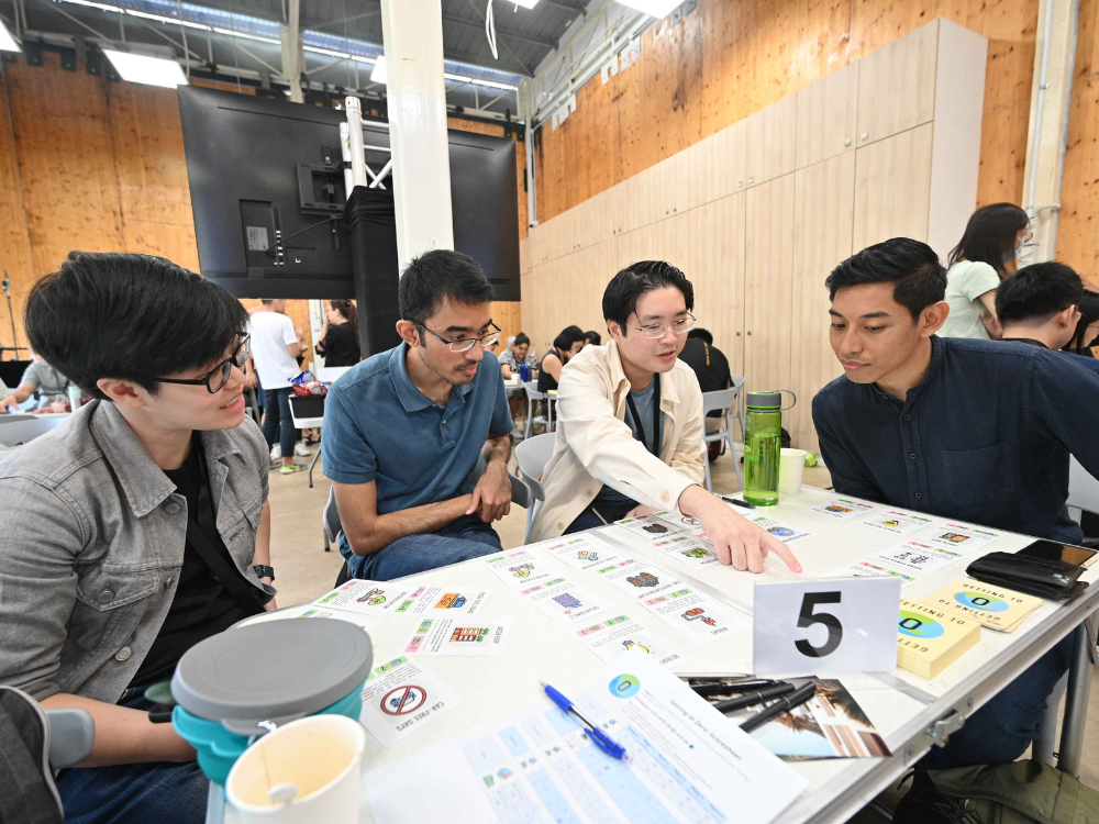 A group of participants discussing around a table, with a guy pointing to a card on the table.